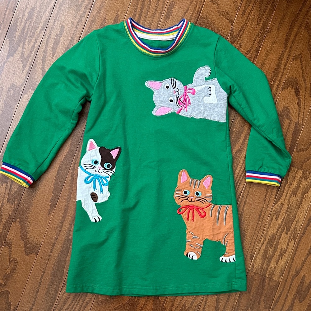 Kids Green Long-Sleeve Cat Appliqué Dress